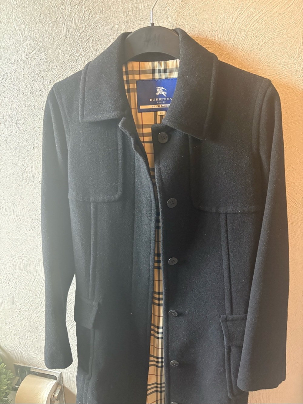 Burberry Navy Wool Pea Coat with Signature Check Lining  men or women